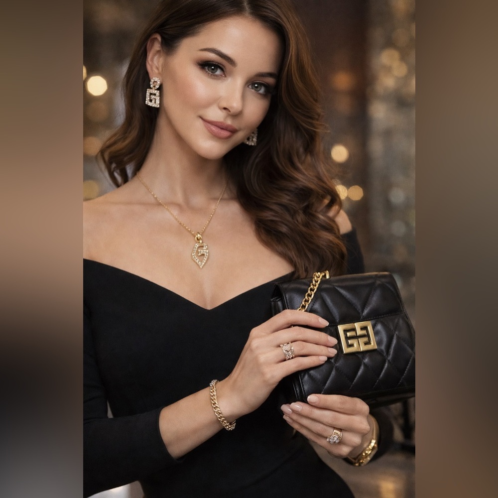 Givenchy Gold G Logo Necklace Rhinestone Pendant Designer Jewelry Authentic